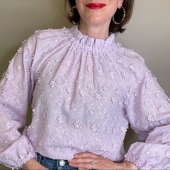 Ann Taylor Tops - Ann Taylor 2020 textured floral embroidered lavender ruffle neck top blouse XS